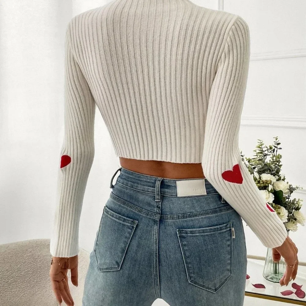 Heart Embroidery Twist Front Cut Out Crop Sweater_2